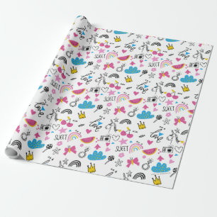 Papier Cadeau Cute Girly Unicorn Rainbow Hearts Whimsical