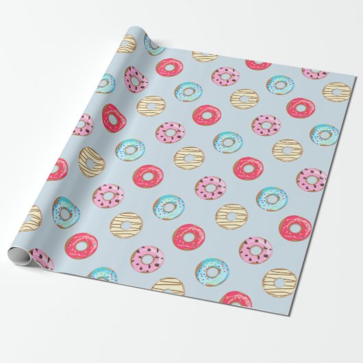 Papier Cadeau Cute Glazed Doughnut Pattern Light Blue (Déroulé)