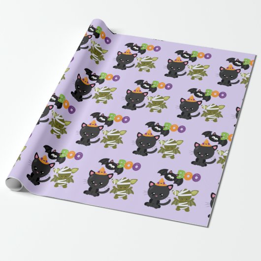 Papier Cadeau Cute Halloween Chat, chauve-souris et maman Boo (Déroulé)