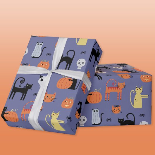 Papier Cadeau Cute Halloween Chat Éffrayant pourpre