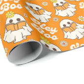 Papier Cadeau Cute Halloween Ghost Retro Éffrayant Boo Orange (Coin rond)