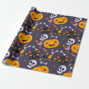 Papier Cadeau Cute Halloween Skuls, Chats & Sourires Citrouilles