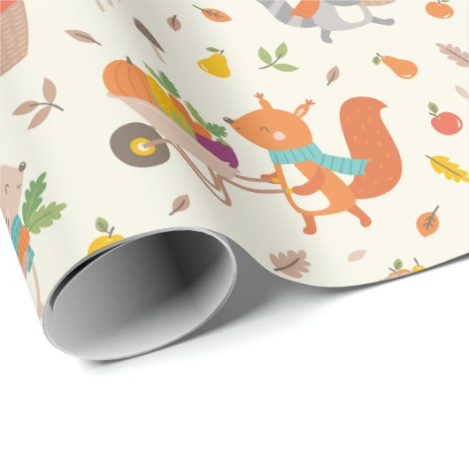 Papier Cadeau Cute Harvest Automne animaux avec légumes à la crè (Coin rond)