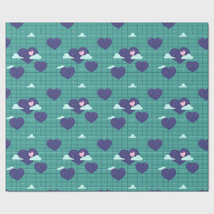 Papier Cadeau Cute Hearts Nuages Retro Grille Carré Motif