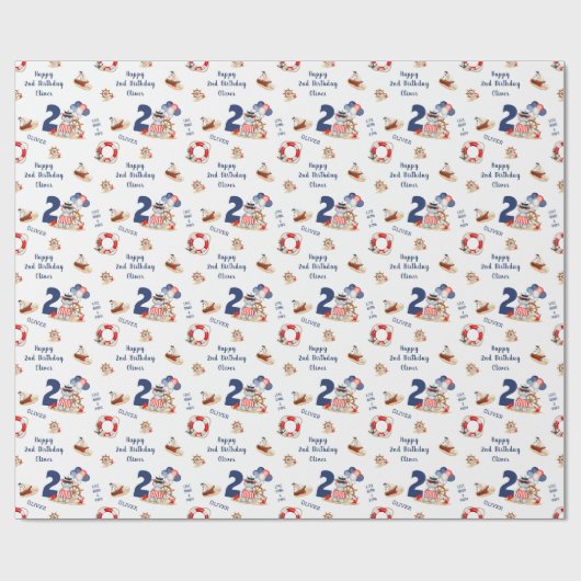 Papier Cadeau Cute Hippo Sailor Nautical Boat 2e Anniversaire No (Plat)