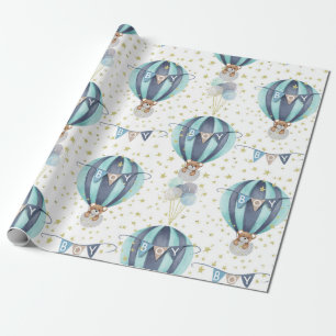 Papier Cadeau Cute Hot Air Balloon Bleu bébé garçon douche cadea