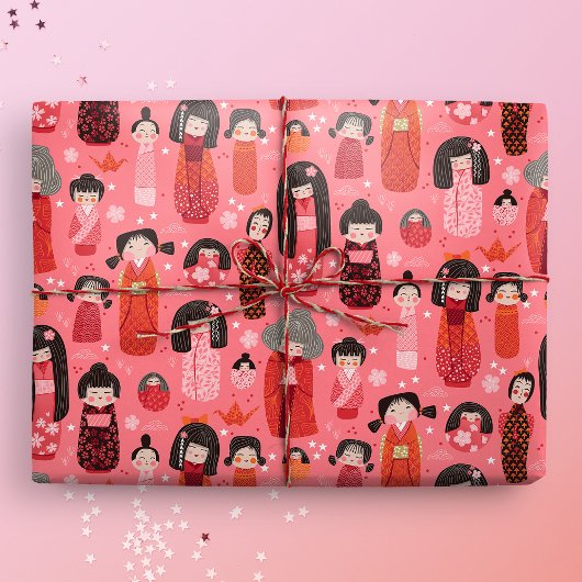 Papier Cadeau Cute Illustré japonais Kokeshi rose