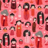 Papier Cadeau Cute Illustré japonais Kokeshi rose