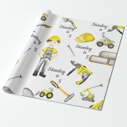Papier Cadeau Cute Jaune Construction Camion Motif (Déroulé)