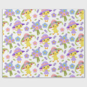 PAPIER CADEAU CUTE JAUNE DE PÂQUES AVEC CASQUETTES ET FLEURS (Plat)