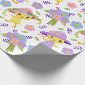 PAPIER CADEAU CUTE JAUNE DE PÂQUES AVEC CASQUETTES ET FLEURS (Coin)