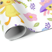 PAPIER CADEAU CUTE JAUNE DE PÂQUES AVEC CASQUETTES ET FLEURS (Coin rond)