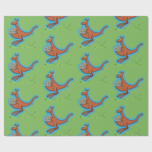 Papier Cadeau Cute Kangaroo avec koalas dessin animé motif vert (Plat)