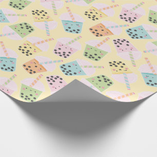 Papier Cadeau Cute Kawaii Style Bubble Tea sur jaune clair