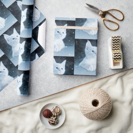 Papier Cadeau Cute Kitten blanc avec Joli yeux bleu motif (Artisanat)