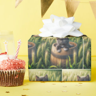 Papier Cadeau Cute Kitten dans un tonneau en bois