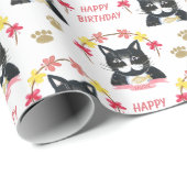 Papier Cadeau Cute Kitty rose et noir Joyeux anniversaire (Coin rond)