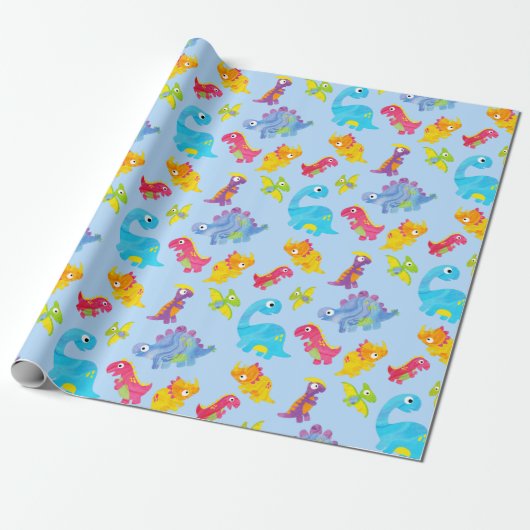 Papier Cadeau Cute Light Pastel Blue Baby Dinosaur Anniversaire (Déroulé)