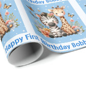 Papier Cadeau Cute Little Boy's Birthday Ajouter le nom Zoo Anim (Coin rond)