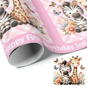 Papier Cadeau Cute Little Girl's Birthday Ajouter Nom Zoo Animau