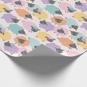 Papier Cadeau Cute Little Sheep rose lilas menthe orange sur crè