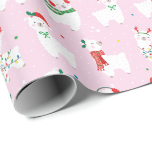 Papier Cadeau Cute Llamas prêt pour noël sur rose clair