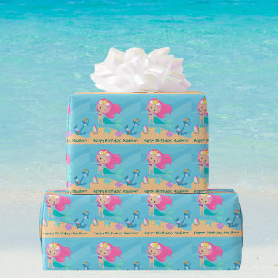 Papier Cadeau Cute Mermaid Girl Anniversaire fête Plage personna