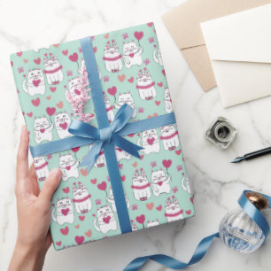 Papier Cadeau Cute Mint Green Valentine's Day Cat Wrapping Papie