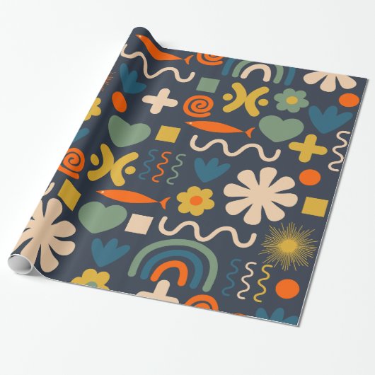 Papier Cadeau Cute Miscellany Motif scandinave Bleu orange (Déroulé)