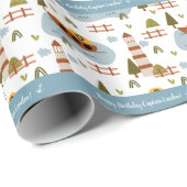 Papier Cadeau Cute Nautical Lighthouse and Boat Kid Motif (Coin rond)