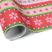 Papier Cadeau Cute Nordic Sweater motif rouge rose vert (Coin rond)