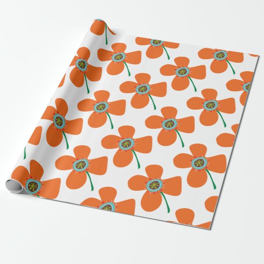 Papier Cadeau Cute Orange Daisy Pop Été Fleur Whimsical Cadeau (Déroulé)