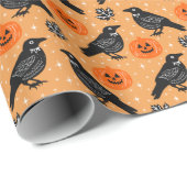 Papier Cadeau Cute Orange Halloween Crow Citrouille Motif (Coin rond)