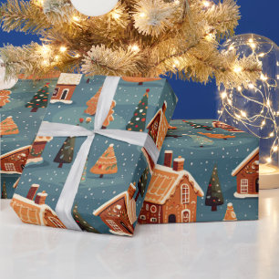 Papier Cadeau Cute pain d'épices Maisons et arbres