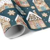 Papier Cadeau Cute pain d'épices Maisons et biscuits Noël bleu (Coin rond)