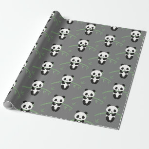 Papier Cadeau Cute Panda Bear Bamboo Gris Motif