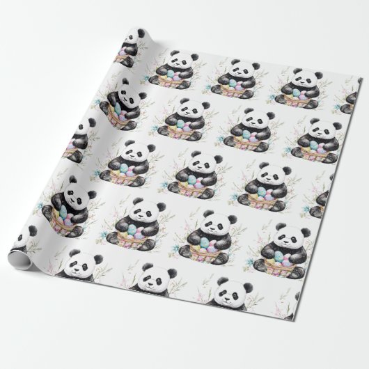 Papier Cadeau Cute panda Pâques aquarelle fleurie (Déroulé)