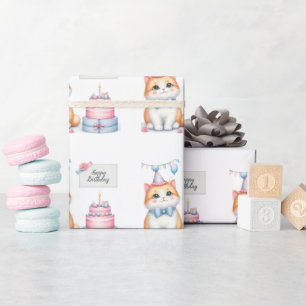Papier Cadeau Cute Pastel Kitten Gâteau d'anniversaire - Anniver
