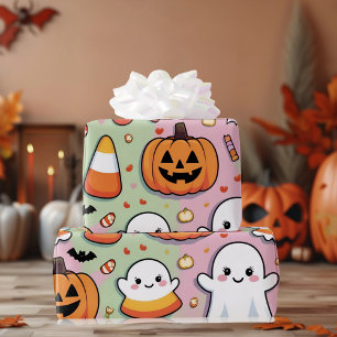 Papier Cadeau Cute Pastel Pink Halloween Ghost & Citrouille