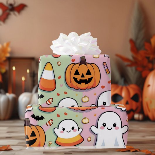 Papier Cadeau Cute Pastel Pink Halloween Ghost & Citrouille