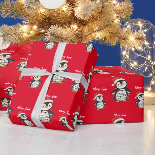 Papier Cadeau Cute penguin Merry Christmas tree winter Xmas (Vacances)