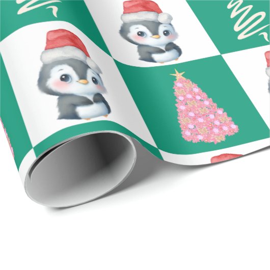 Papier Cadeau Cute Penguin Père Noël Joyeuse fête de Noël (Coin rond)