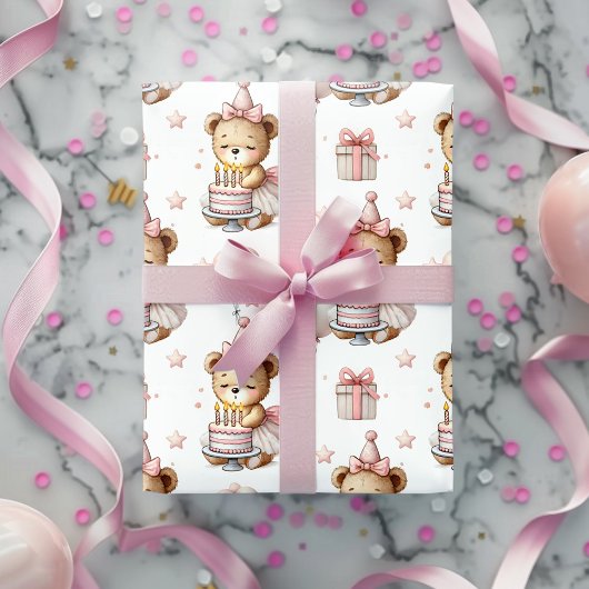 Papier Cadeau Cute Pink Teddy Bear Birthday Party Wrapping Paper