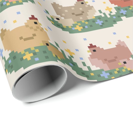 Papier Cadeau Cute Pixel Chickens Pattern (Coin rond)