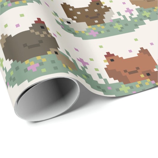 Papier Cadeau Cute Pixel Chickens Pattern (Coin rond)