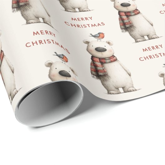 Papier Cadeau Cute Polar Bear Robin Pattern Merry Christmas (Coin rond)