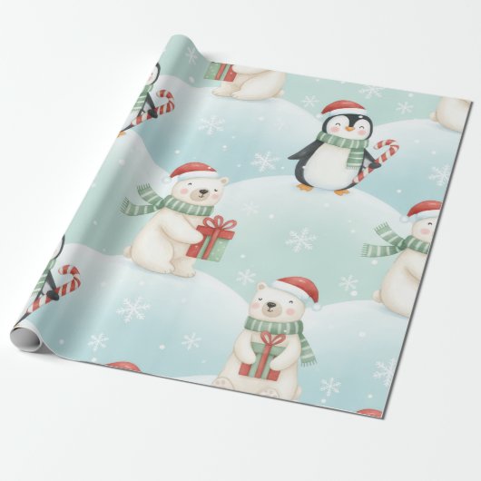 Papier Cadeau Cute Polar Bears & Penguins Christmas Pattern (Déroulé)