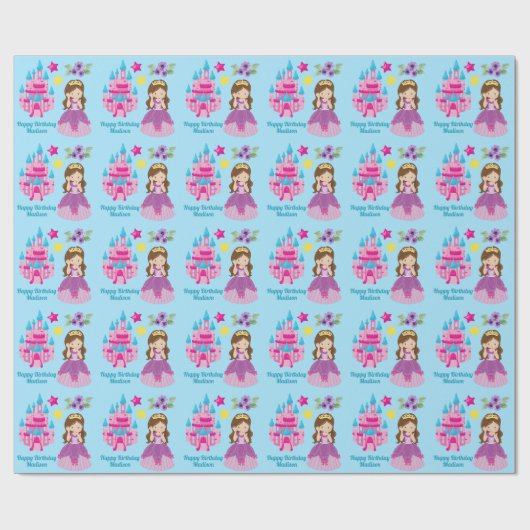 Papier Cadeau Cute Princess Castle Custom Ice Blue Birthday Girl (Plat)