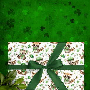 Papier Cadeau Cute Raccoons Green Casquette Shamrock St. Patrick