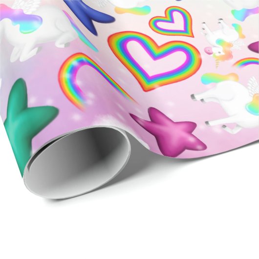Papier Cadeau Cute Rainbow Unicorn Pastel Papier à enveloppement (Coin rond)
